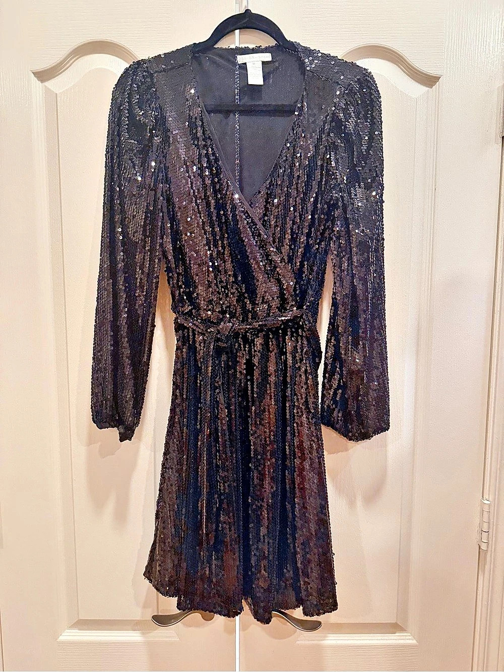 Design History Black Sequin Wrap Dress M Long Sleeve